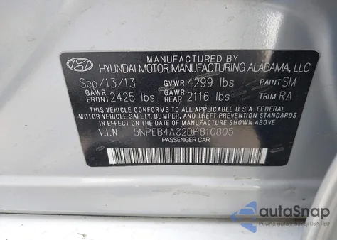 2013 Hyundai Sonata Gls из США, поврежденный, VIN 5NPEB4AC2DH810805